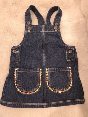 ZARA Baby Denim Pinafore Dress | Floral Embroidered Pockets | Size 18–24 Months